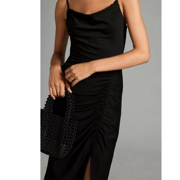 NWT By Anthropologie Cowl-Neck Ruched Dress $160 X-SMALL Black Asymmetrical - Picture 2 of 5